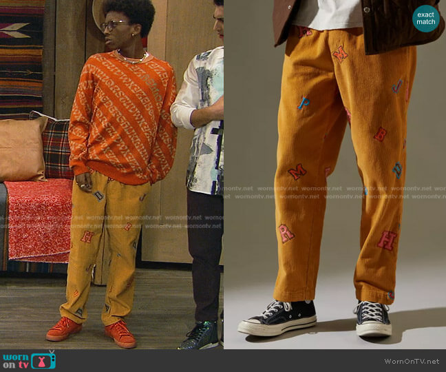 Embroidered Varsity Letter Corduroy Beach Pant by Urban Outfitters worn by Noah Lambert (Israel Johnson) on Bunkd