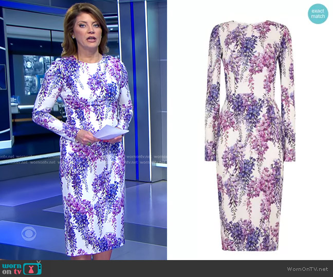 Wisteria-Print Long-Sleeved Crepe Dress by Dolce & Gabbana worn by Norah O'Donnell on CBS Evening News