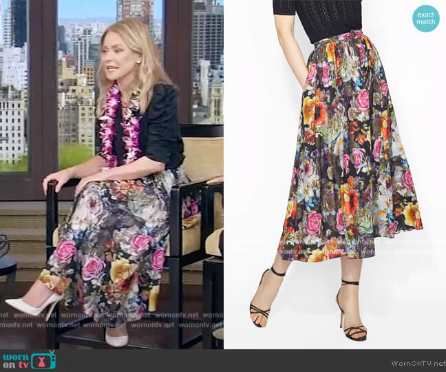 Adam Lippes Button Down A Line Skirt In Printed Voile worn by Kelly Ripa on Live with Kelly and Ryan