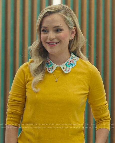 Ainsley’s yellow sweater with floral embroidered collar on Loot