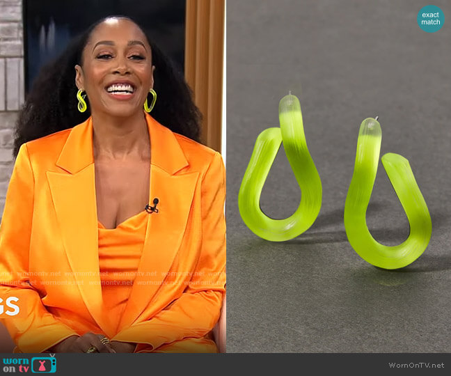 Alexis Bittar Lucite Twist Hoop Earring- Neon Yellow by Simone Missick on CBS Mornings