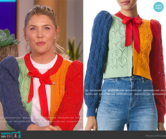 Colorblock Open Stitch Tie Neck Cardigan by Alice + Olivia worn by Amanda Kloots on The Talk