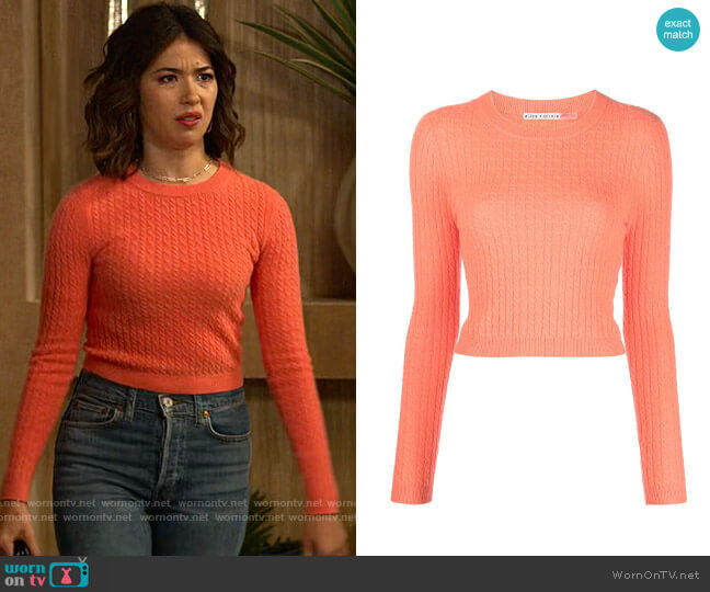 Alice + Olivia Ciara Cable Knit Sweater in Deep Coral worn by Louise (Nichole Sakura) on Maggie