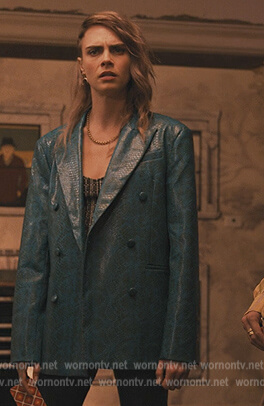 Alice’s teal snakeskin print blazer on Only Murders in the Building