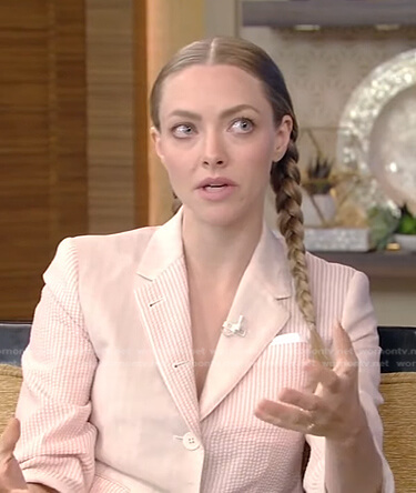Amanda Seyfried’s pink mixed stripe blazer on Live with Kelly and Ryan
