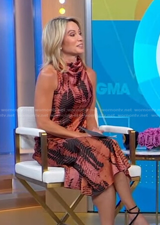 Amy's pink printed sleeveless midi dress on Good Morning America