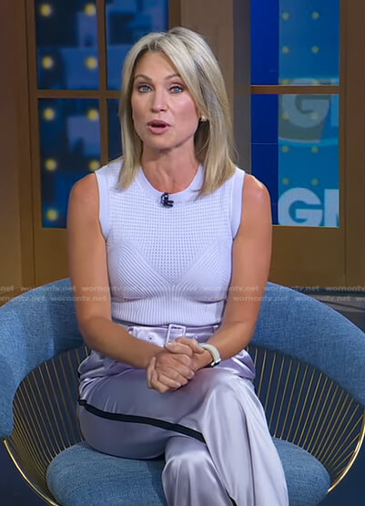 Amu's lilac pointelle top and belted pants on Good Morning America