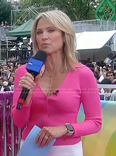 Amy’s pink ribbed collared cardigan on Good Morning America