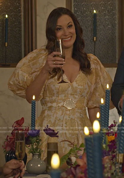 Amy's yellow floral rehearsal dinner dress on Maggie