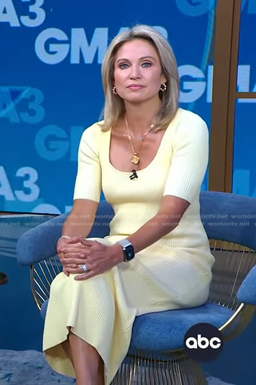 Amy's yellow scoop neck ribbed dress on Good Morning America
