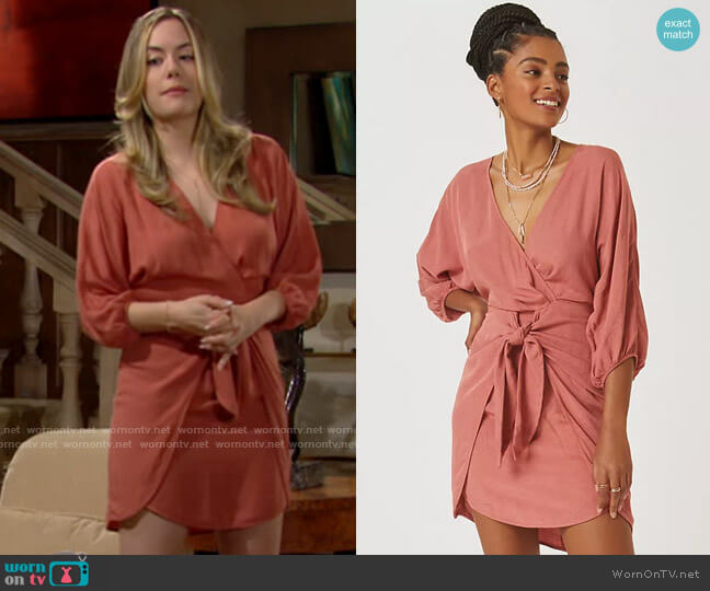 Anthropologie Puff-Sleeve Wrap Mini Dress in Pink worn by Hope Logan (Annika Noelle) on The Bold and the Beautiful