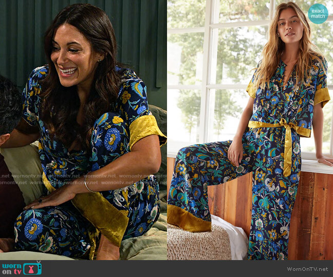 Anthropologie Clara Velvet-Trimmed Top and Pants worn by Amy (Angelique Cabral) on Maggie