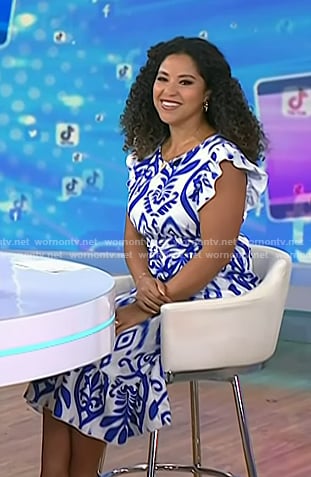 Arianna Davis's blue and white printed ruffle dress on Today