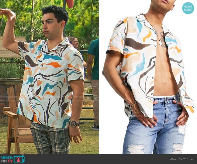 Relaxed Fit Abstract Print Short Sleeve Cotton & Linen Button-Up Shirt by Asos worn by Parker Preston (Trevor Tordjman) on Bunkd