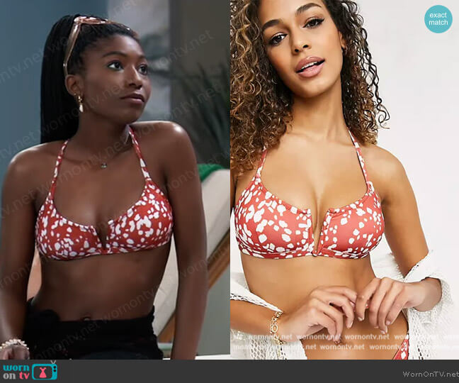Floral v neck crop bikini top in rust by New Look at ASOS worn by Trina Robinson (Tabyana Ali) on General Hospital
