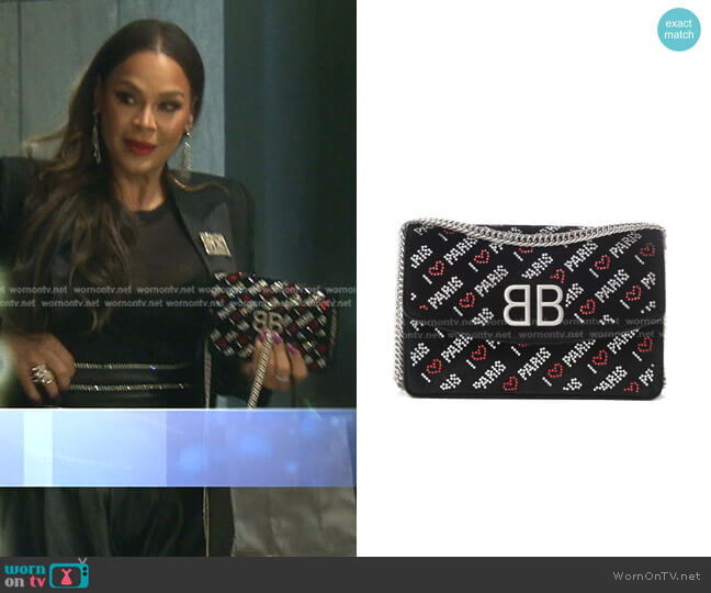 Balenciaga Velvet Love Paris Wallet On Chain worn by Sheree Zampino on The Real Housewives of Beverly Hills