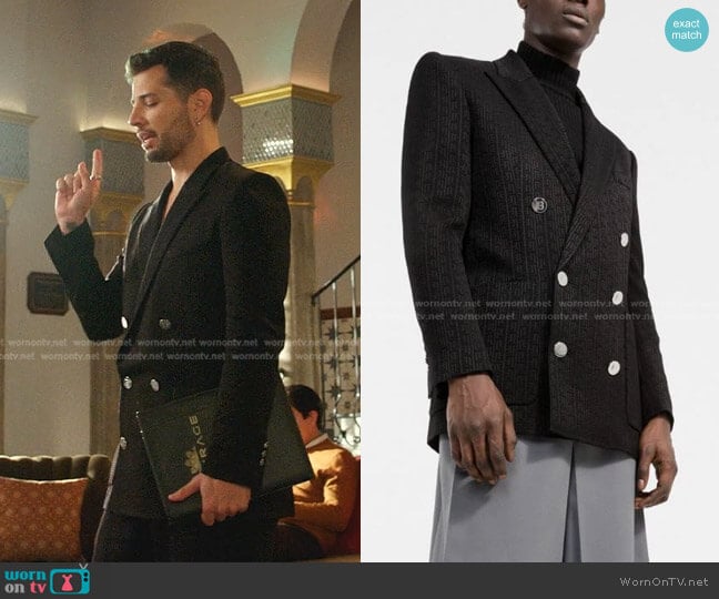 Monogram-Pattern Double Breasted Blazer by Balmain worn by Sam Flores (Rafael de la Fuente) on Dynasty