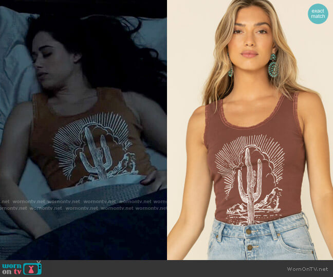 Bandit Brand Cactus Graphic Lace Trim Tank Top worn by Liz Ortecho (Jeanine Mason) on Roswell New Mexico