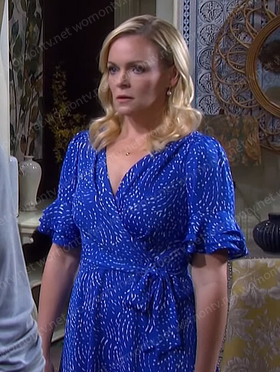 Belle’s blue print ruffle wrap dress on Days of our Lives
