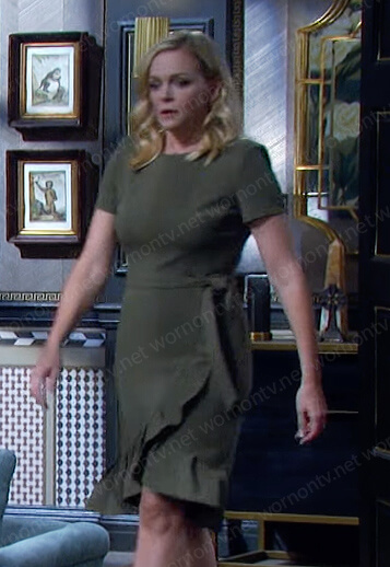 Belle’s khaki green ruffle trim dress on Days of our Lives