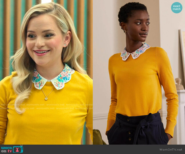 Boden Colette Collar Sweater in Tuscan Sun worn by Ainsley (Stephanie Styles) on Loot