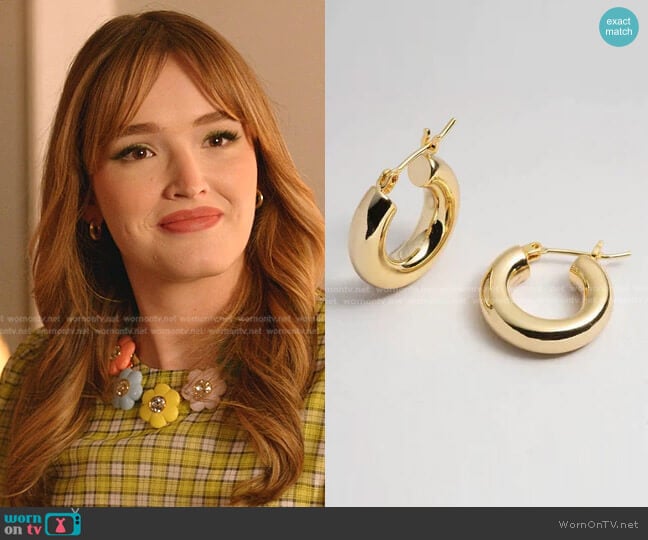 Holly Small Gold Chunky Hoop Earrings by Bonheur worn by Kirby Anders (Maddison Brown) on Dynasty