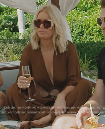 Caroline's brown ring detail maxi dress on The Real Housewives of Dubai