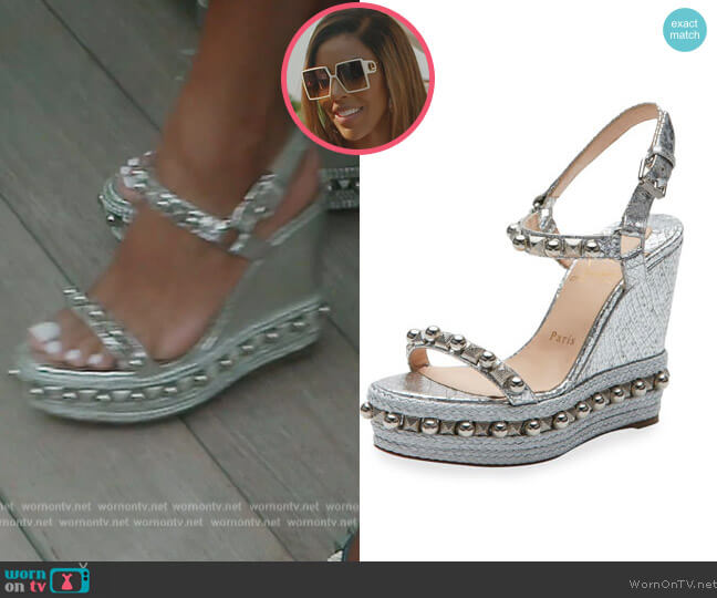 Cataconico 120mm Wedge Espadrille Red Sole Sandal by Christian Louboutin worn by Caroline Brooks (Caroline Brooks) on The Real Housewives of Dubai