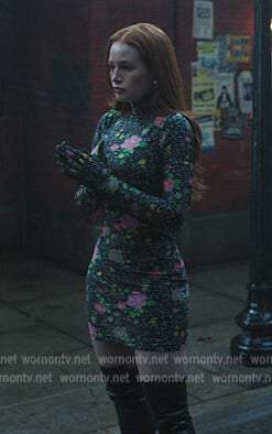 Cheryl’s black floral dress with gloves on Riverdale