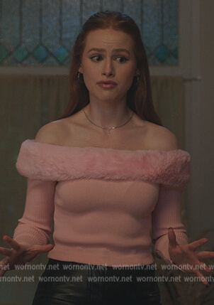 Cheryl’s pink fur trim off shoulder top on Riverdale