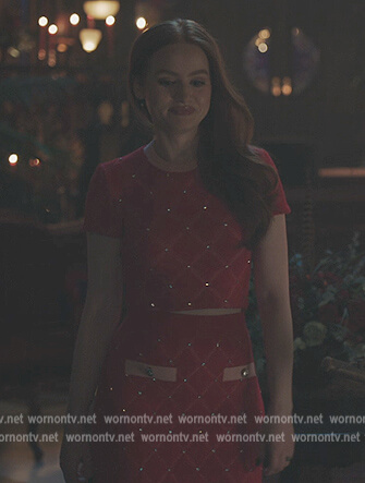 Cheryl's red embellished check sweater and skirt on Riverdale