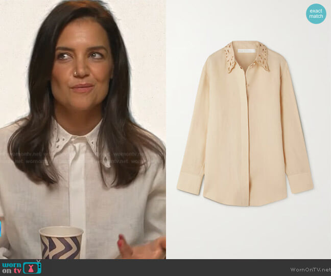 Chloe Broderie anglaise-trimmed linen shirt worn by Katie Holmes on Extra