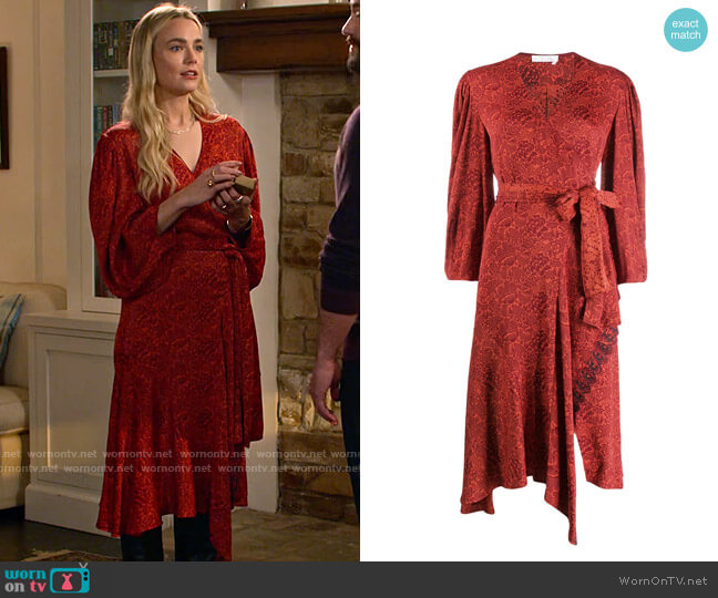 Chloe Floral Jacquard Wrap Dress worn by Maggie (Rebecca Rittenhouse) on Maggie