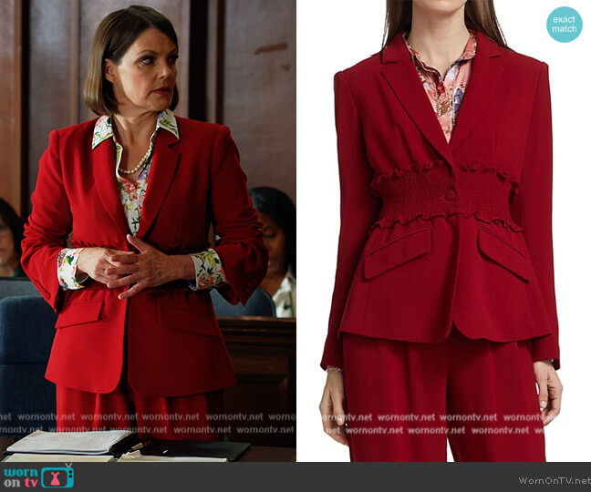 Cinq a Sept Cyndi Smocked-Waist Crepe Blazer worn by Maggie Palmer (Suzanne Cryer) on All Rise