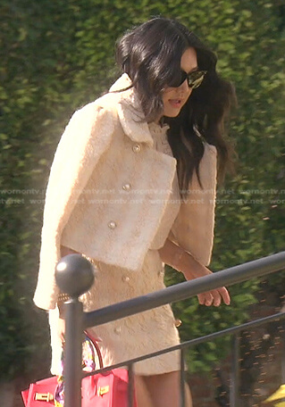 Crystal’s beige plaid tweed jacket and mini skirt on The Real Housewives of Beverly Hills