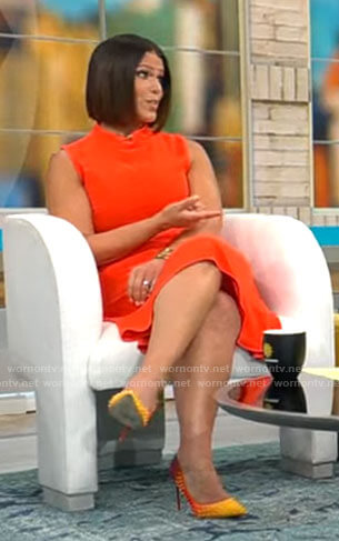 Dana Jacobson's red sleeveless dress and ombre pumps on CBS Mornings