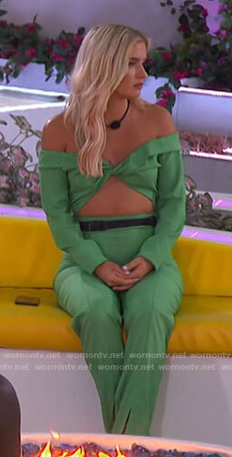 Deb’s green off-shoulder cutout jumpsuit on Love Island USA