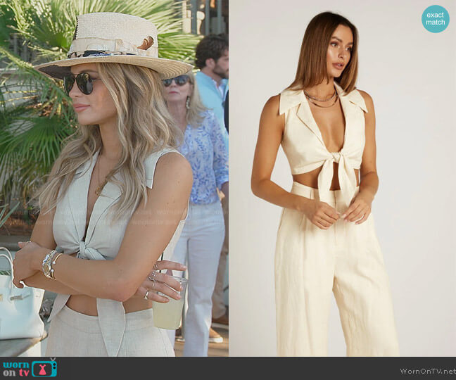 Dissh Delaney Cream Linen Tie Crop Top and Pants worn by Naomie Olindo on Southern Charm