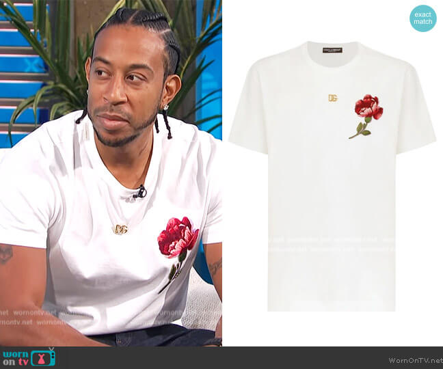Dolce and Gabbana DG floral-embroidered cotton T-shirt worn by Ludacris on E! News Daily Pop