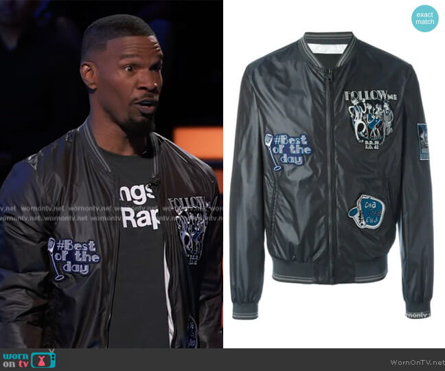 Musical Patch Bomber Jacket by Dolce and Gabbana worn by Jamie Foxx on Beat Shazam