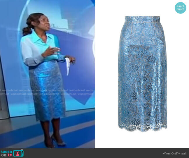 High-Waisted Lace Pencil Skirt by Dolce & Gabbana worn by Deborah Roberts on Good Morning America