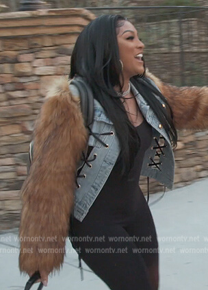 Drew’s lace-up denim jacket with fur sleeves on The Real Housewives of Atlanta