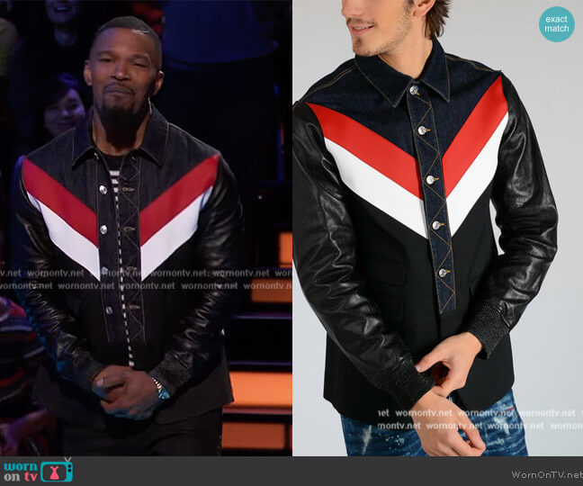 Denim Jacket with Leather Sleeves by Dsquared2 worn by Jamie Foxx on Beat Shazam