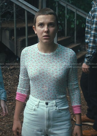 El’s white floral long sleeve top on Stranger Things