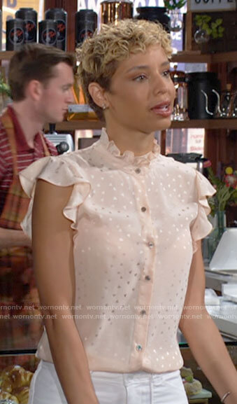 Elena's blush pink ruffle trim top on The Young and the Restless