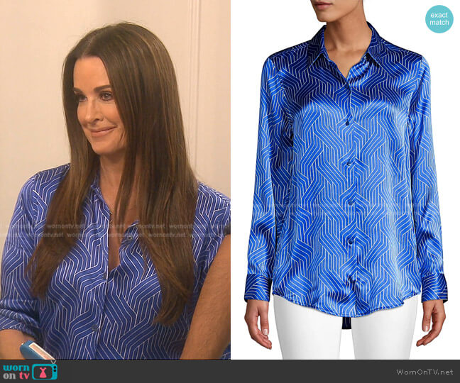 Essential Geometric-Print Silk Shirt by Equipment worn by Kyle Richards on The Real Housewives of Beverly Hills