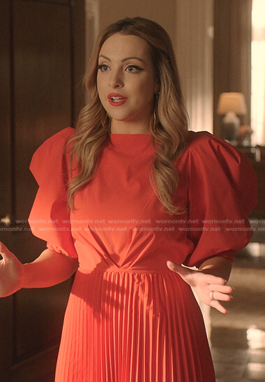 Fallon's red puff sleeve pleated dress on Dynasty