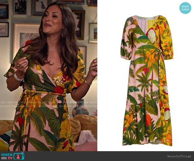 Farm Rio Mixed Fruits Midi Wrap Dress worn by Amy (Angelique Cabral) on Maggie