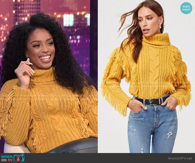 Fringe Turtleneck Sweater by Forever 21 worn by Francesca Amiker on E! News Nightly Pop