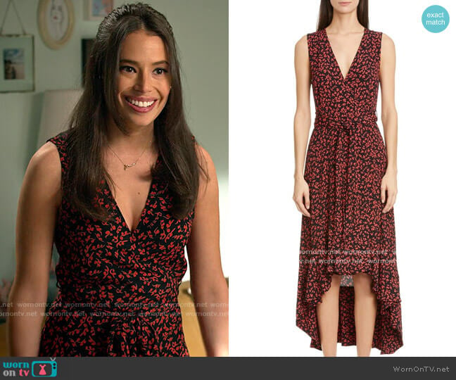 Ganni Floral Logo Print High/Low Wrap Dress worn by Jessie (Chloe Bridges) on Maggie